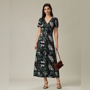RIHOAS Black V Neck Floral Midi Dress XS